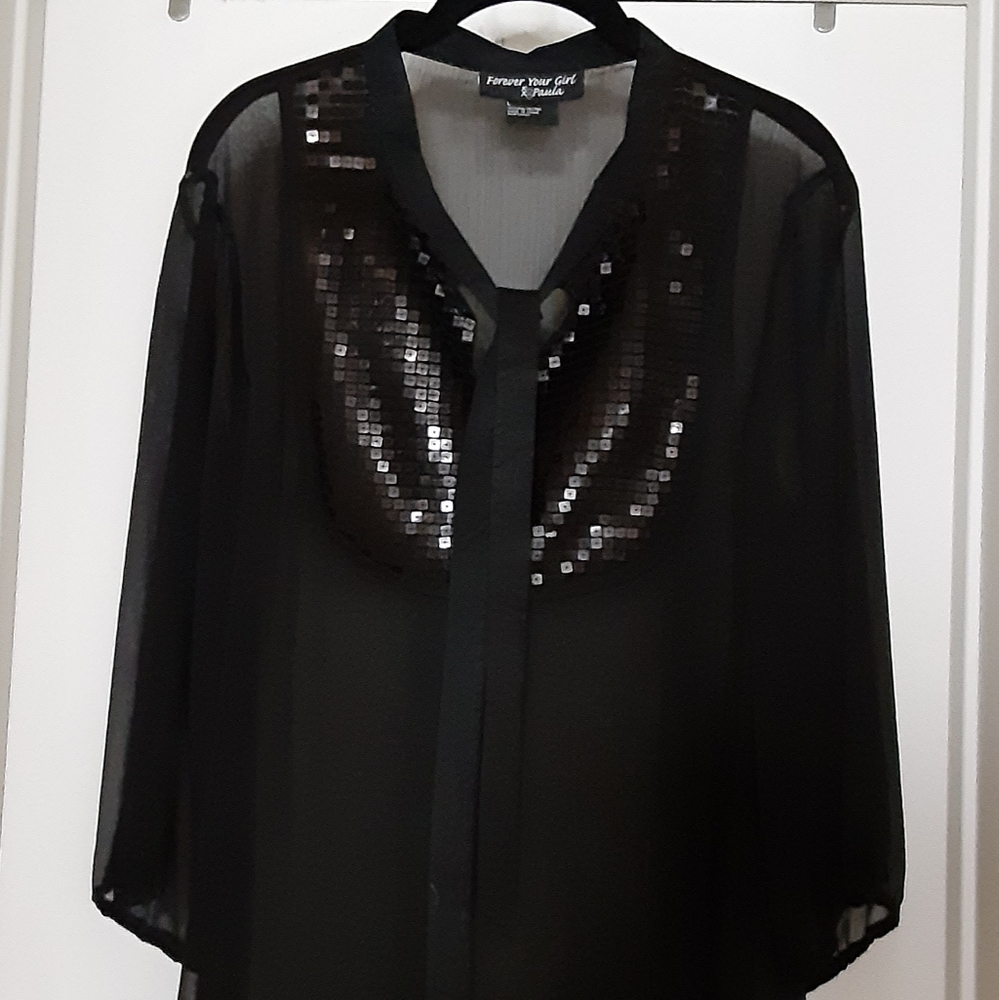 PAULA ABDUL GEORGETTE SEQUIN YOKE TUNIC BLOUSE, BLACK, SIZE L.
